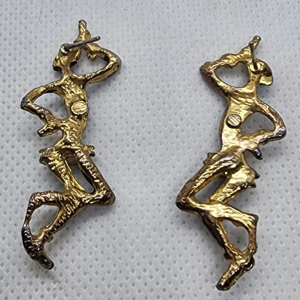 Vintage Black & Gold Dangling Lady Earrings Gold - Image 4