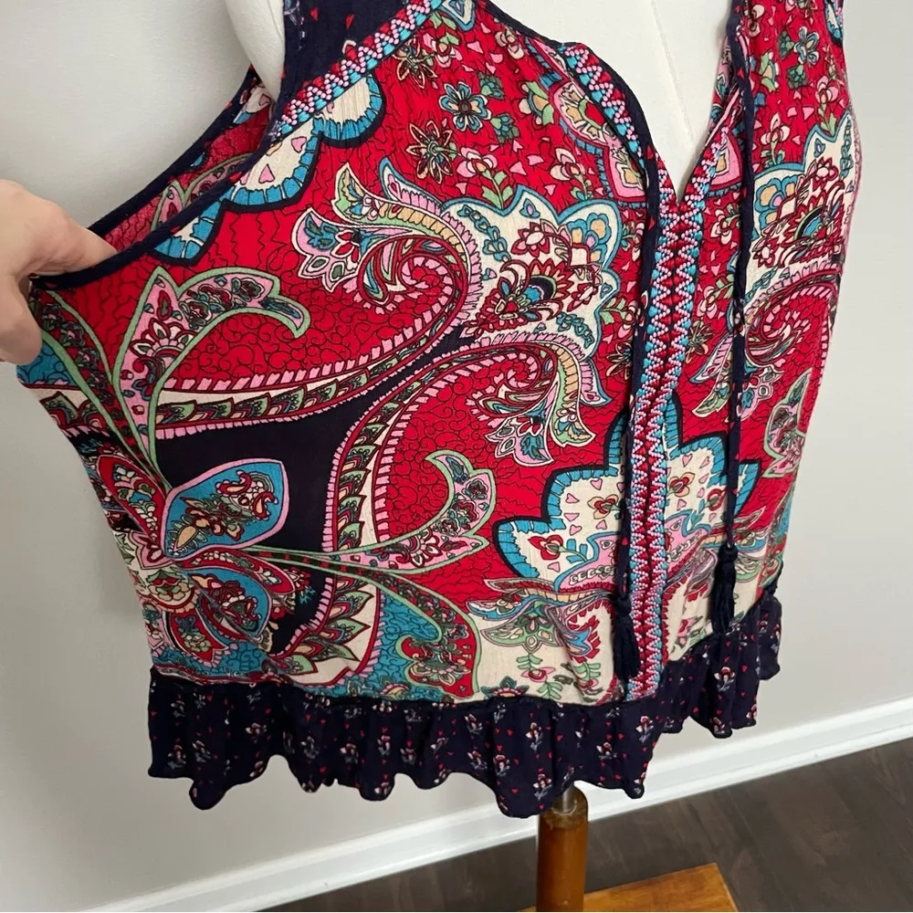 Bila Top Floral Ruffle Embroidered Boho Bohemian Western Coastal Red Blue Size XL - Image 2