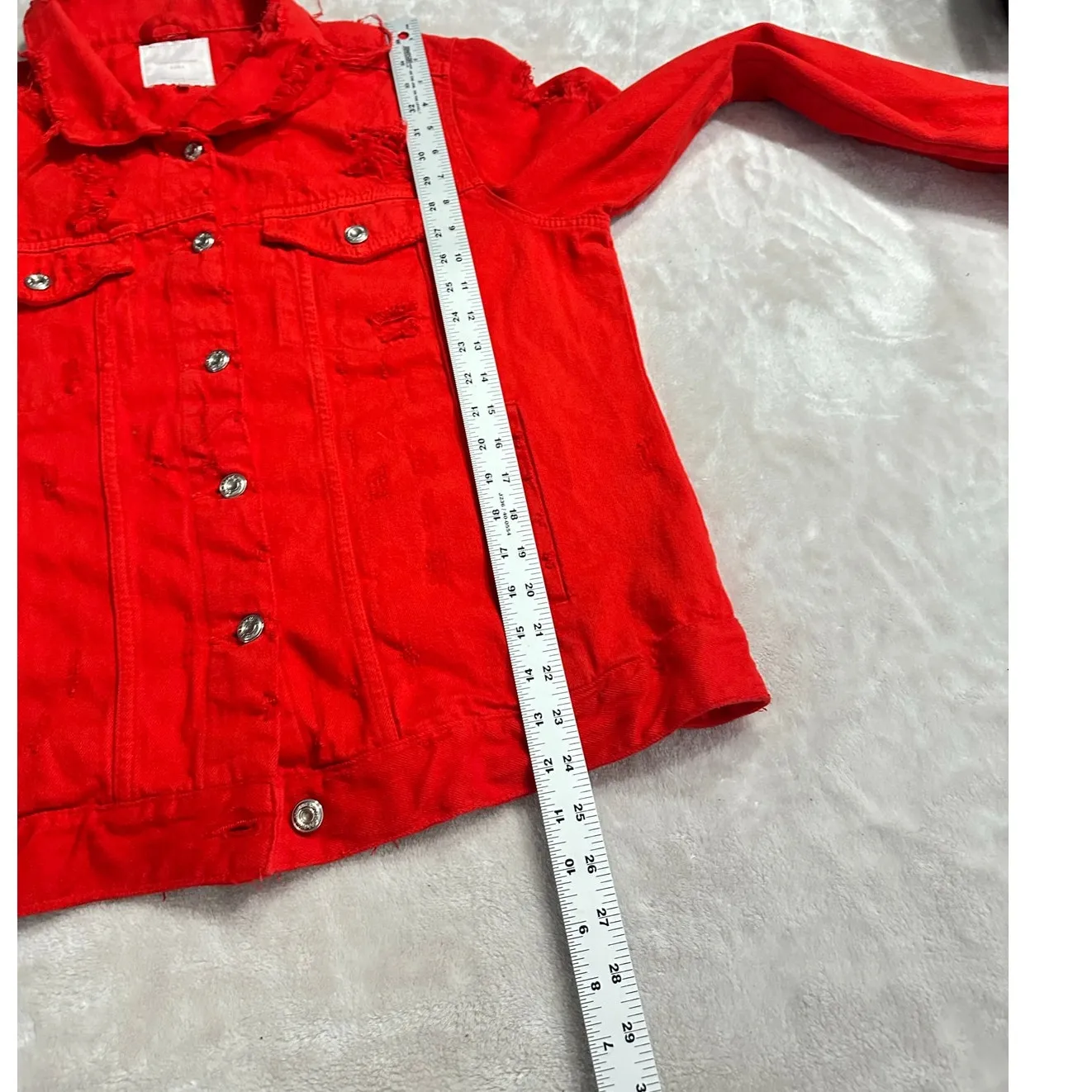 Zara Trafulac Denim Jacket Women's Medium Red Distressed Button Down Long Sleeve - Image 7
