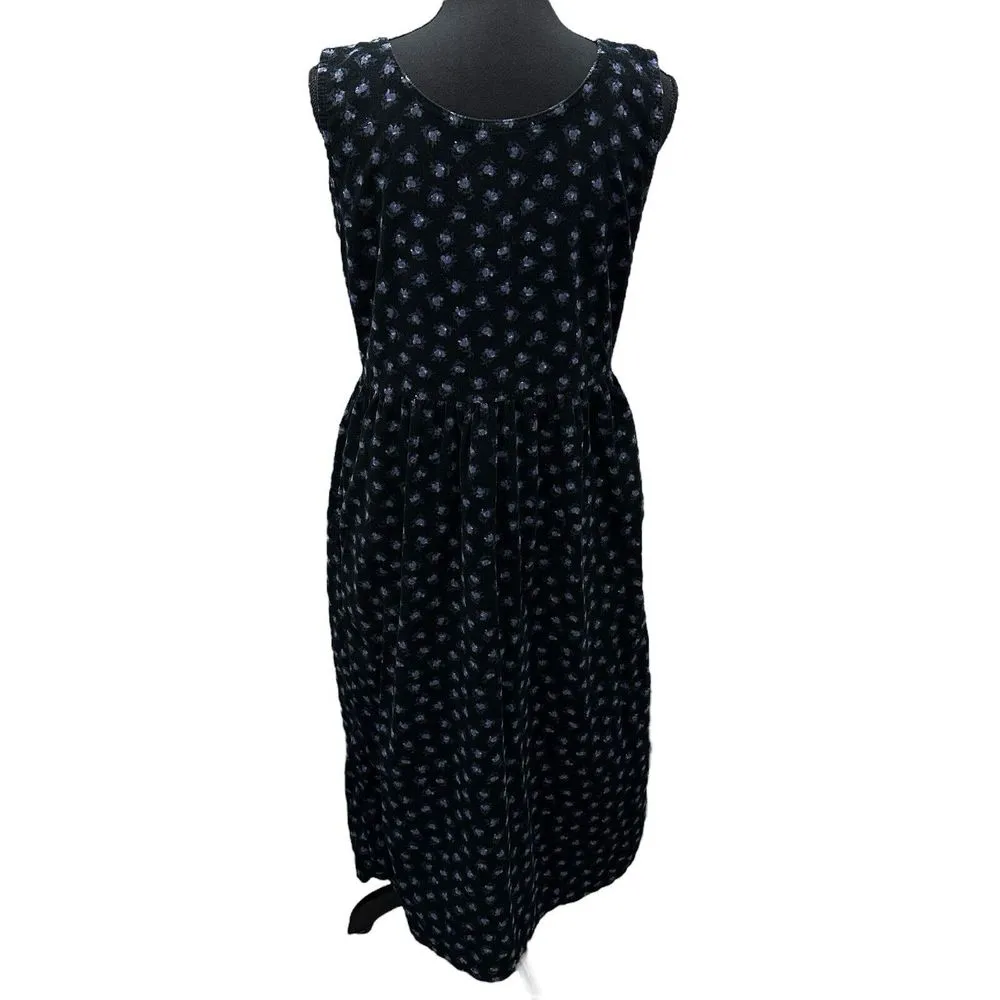 LL Bean Vintage Corduroy‎ Floral Jumper Dress Pockets Made In USA Size 6 Black - Image 4