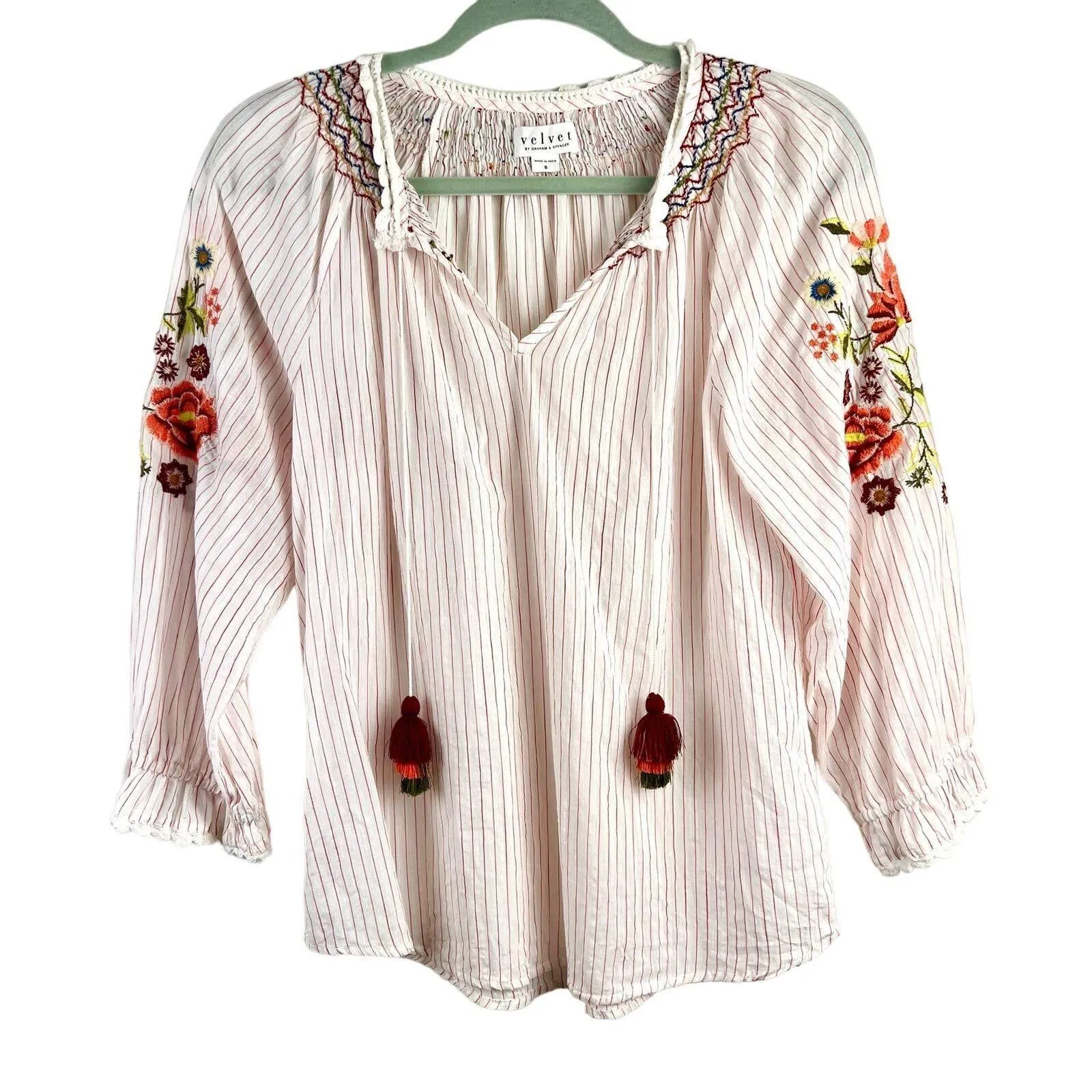 Velvet by Graham & Spencer Rina Embroidered Blouse Small Striped Tassel - Image 2