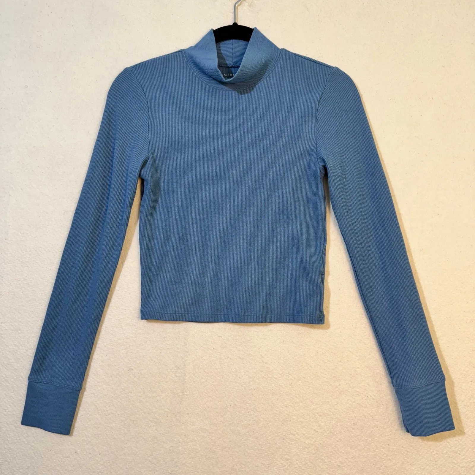American Eagle Blue Long Sleeve Thermal Knit Turtleneck Cropped Shirt Size Large - Image 3
