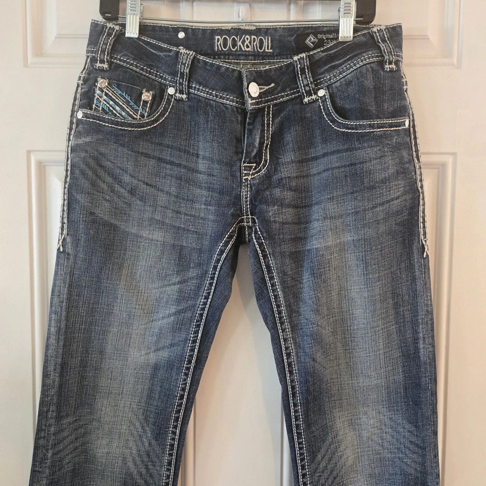 Rock & Roll Cowgirl Jeans Women 29 (Approx. 32x32) Bling Low Rise Bootcut Flare Blue Size undefined - Image 2