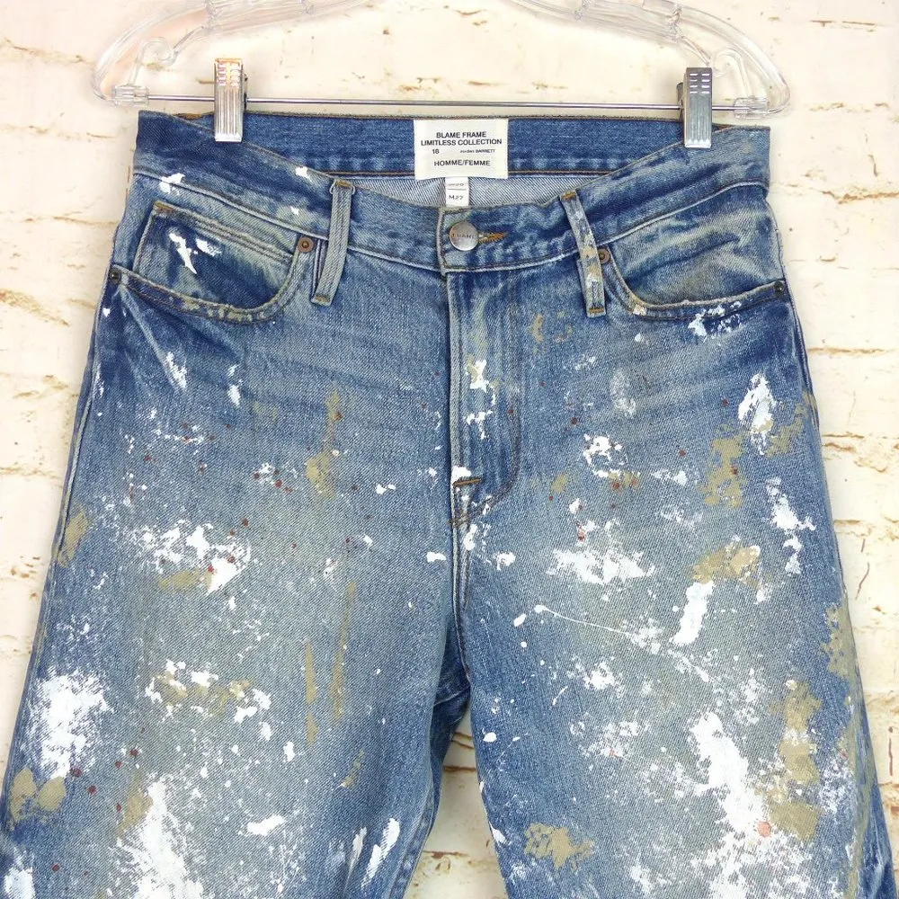 Frame X Jordan Barrett Paint Splatter Jeans W 25, M 27 Blue Zip Fly Grunge NWOT - Image 2