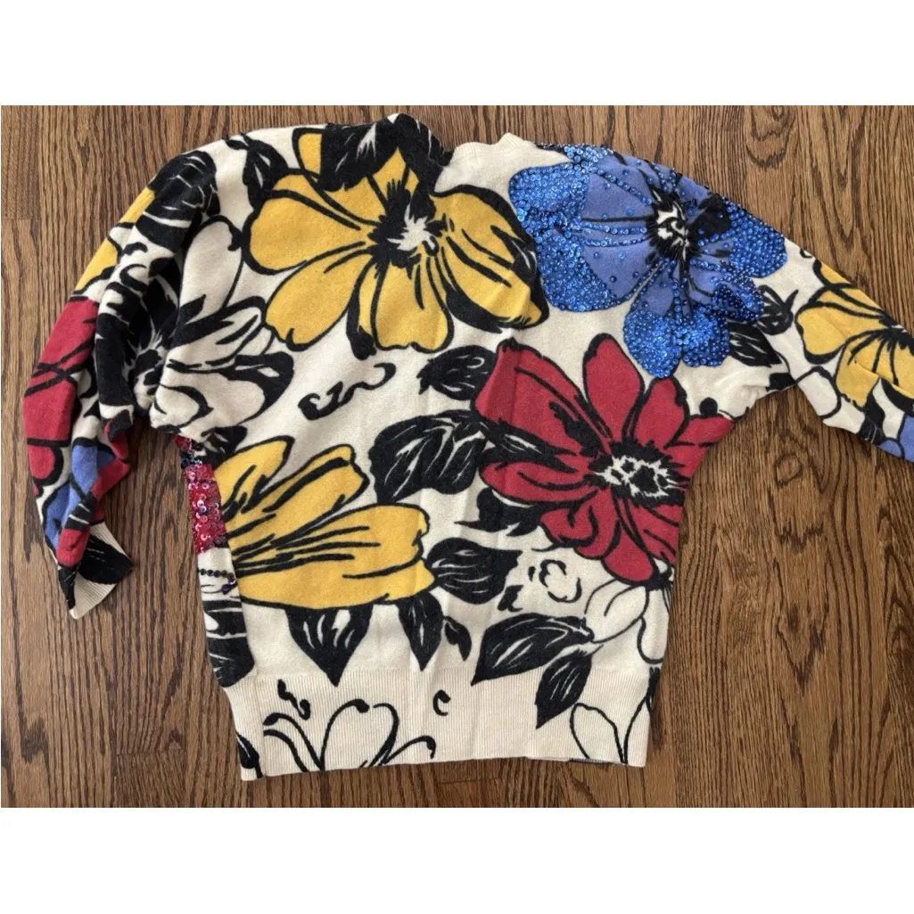 New Old Stock Floral Beaded Patterned Women's Sweater | Size Large Red - Image 3