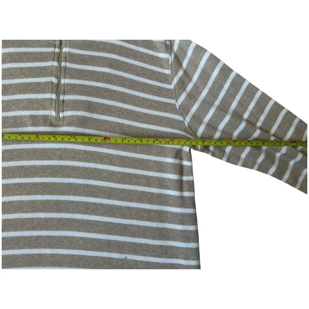 L.L Bean y2k Med beige and white striped quarter zip pull over mock neck sweater Tan - Image 5