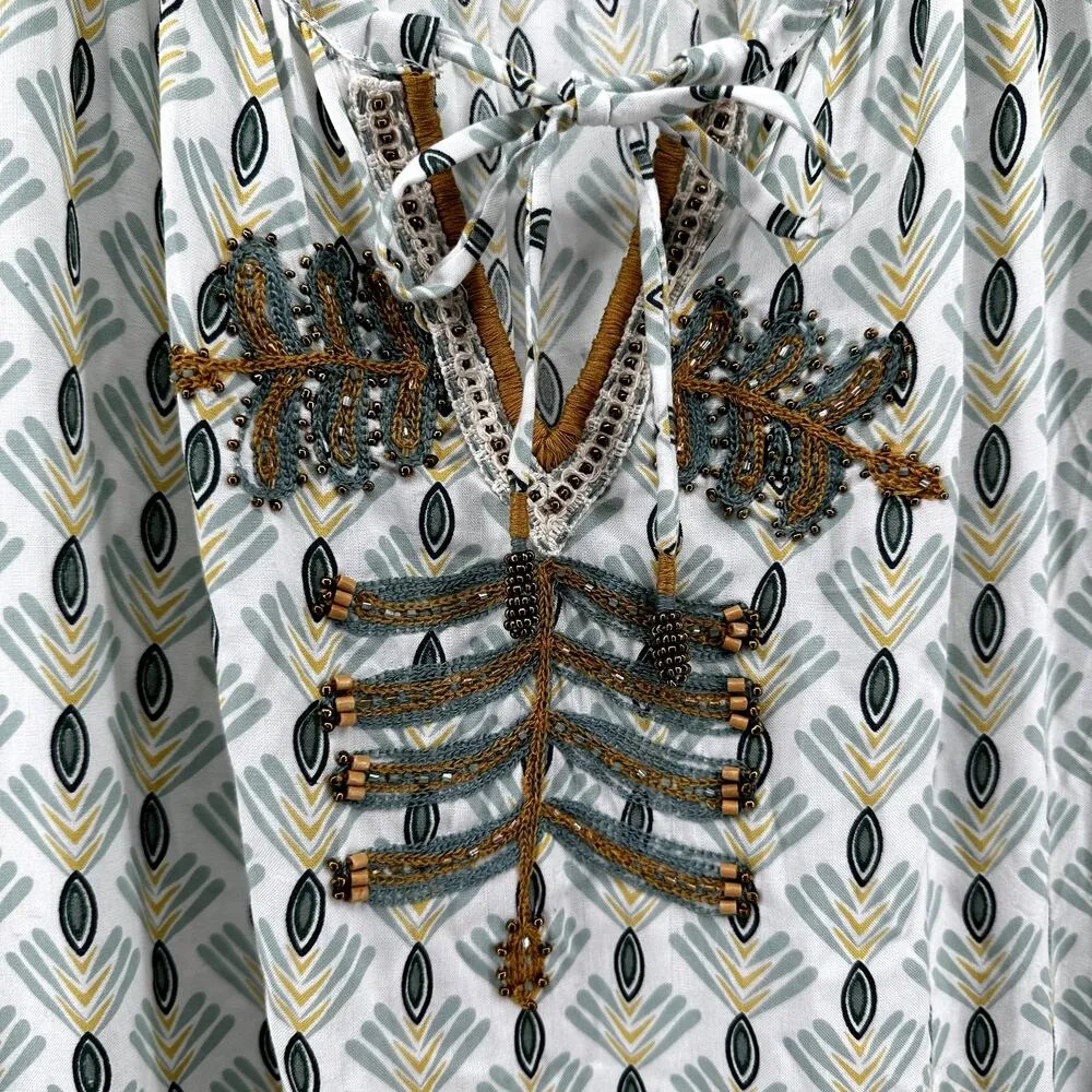 Skemo Dress Beaded Embroidery Allover Print Drop Waist Boho Hippie Scoop Large - Image 2