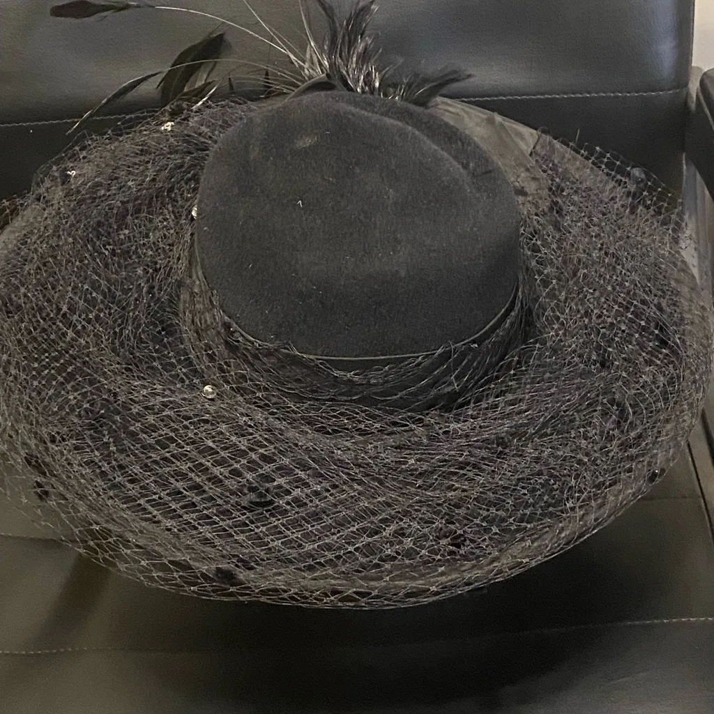 Angiolo Frasconi Wide Brim Black Velour Lace Feather Studded Funeral‎ Hat OSFA - Image 3