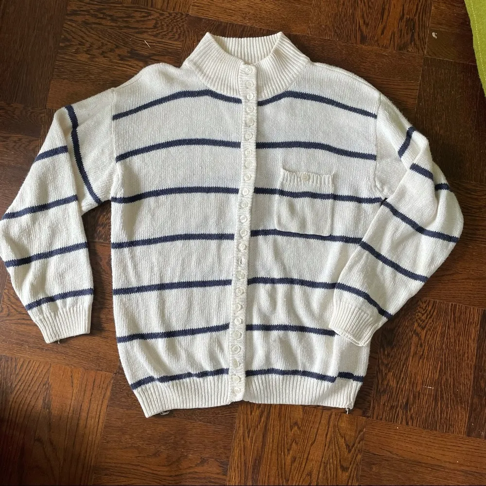 Vintage Linen Blend Striped Cardigan coastal neutral natural fibers Size M - Image 2