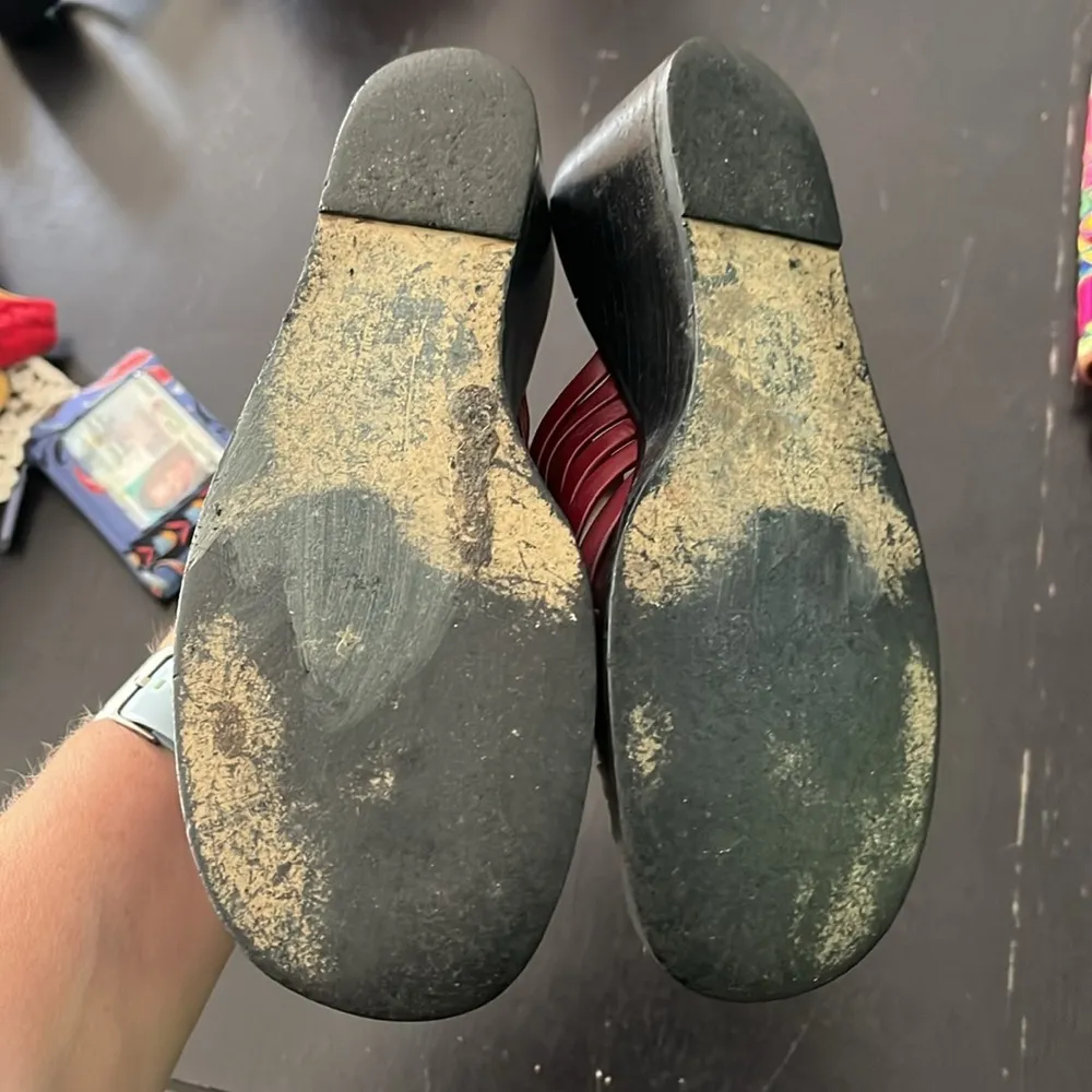 Etienne red leather vintage sandals with 2.5” heels . Size is missing. GUC. - Image 2