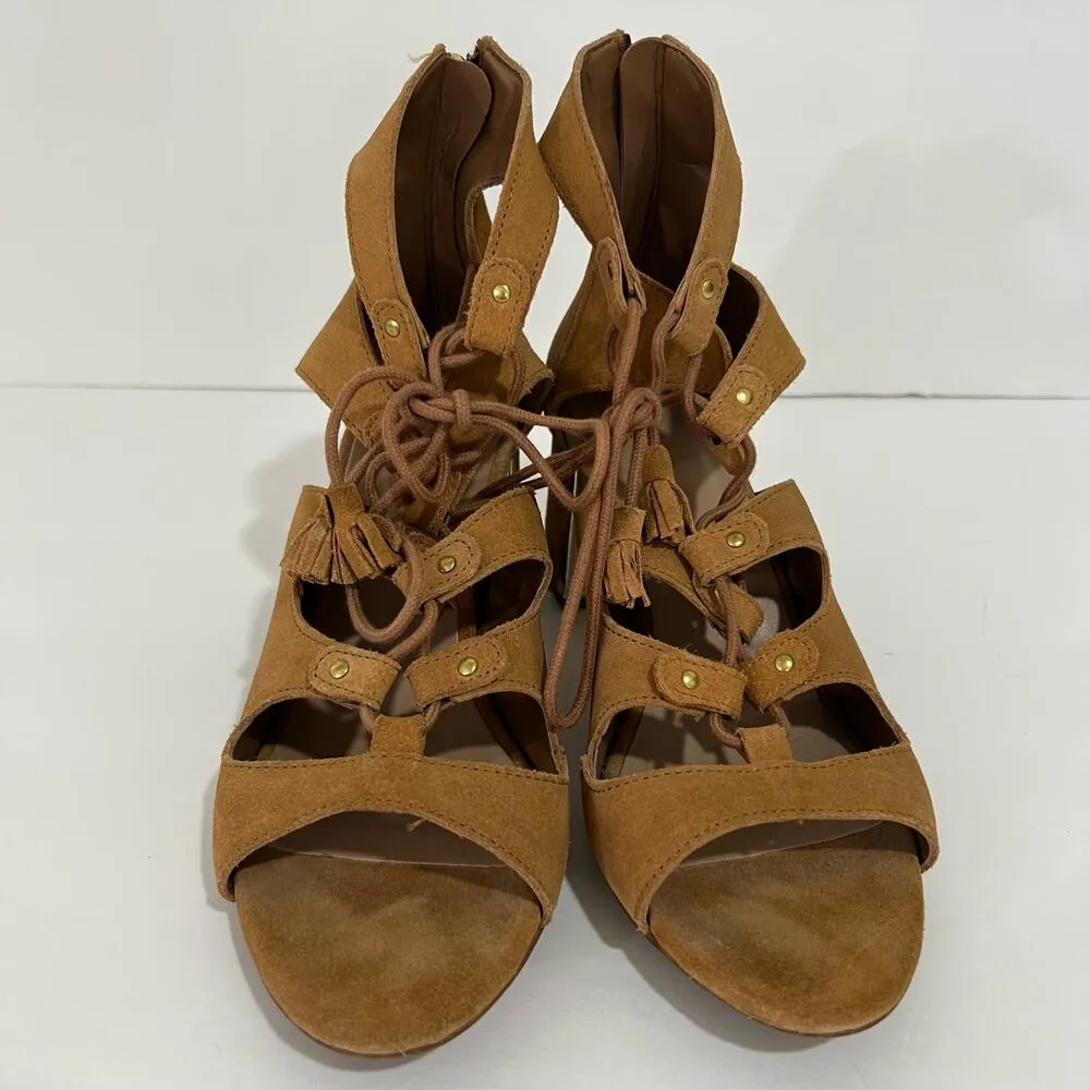Stradivarius Lace Up Block Heels Camel Brown & Gold Size 38 - Image 3