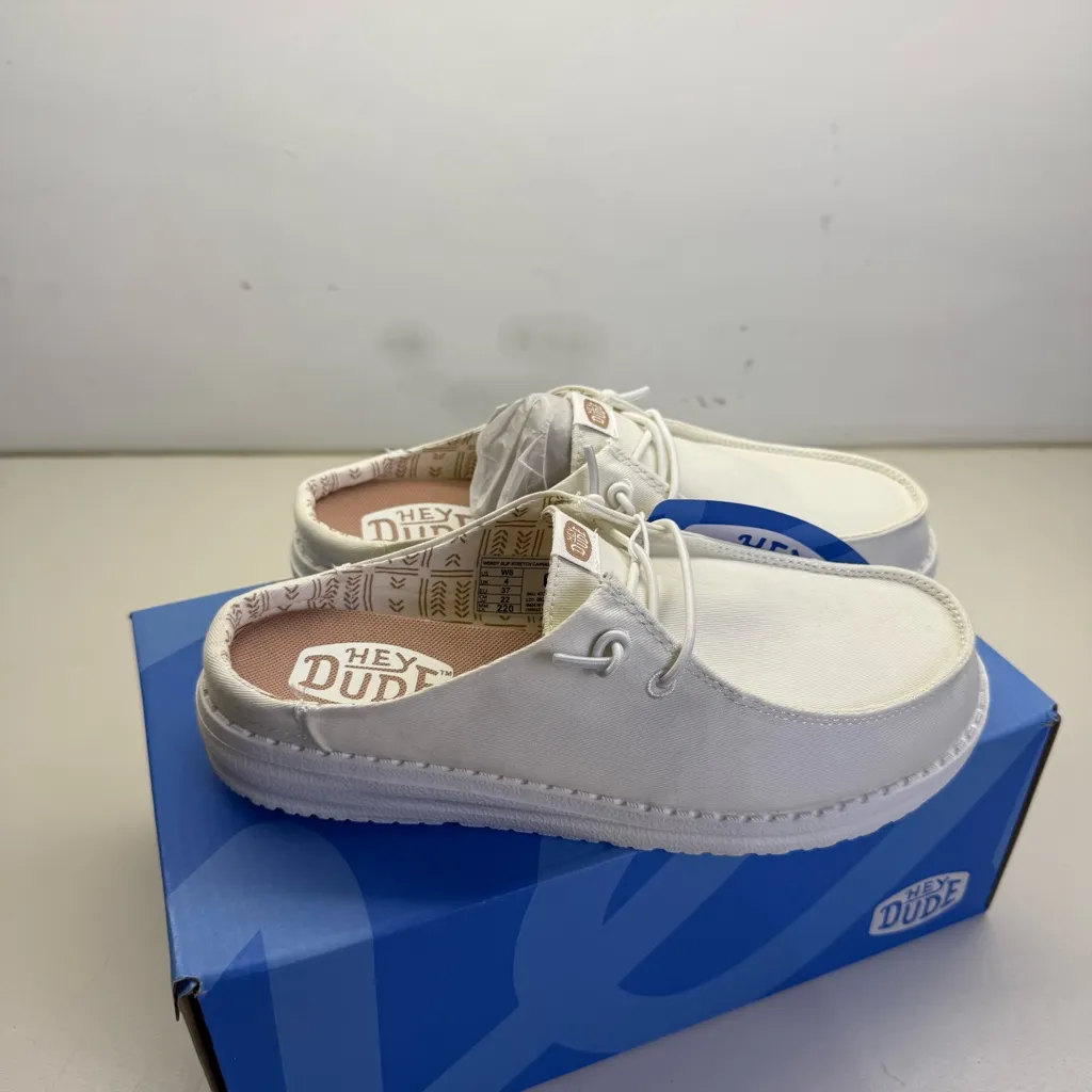 NIB Hey Dude Wendy Slip‎ Stretch Canvas All White Mule Casual Shoe Comfort W6 - Image 5