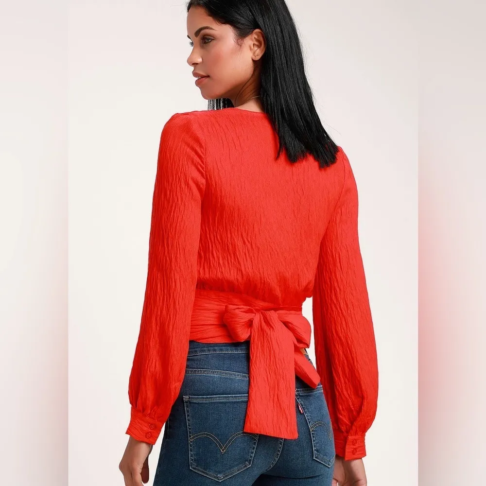 Lulus Easy Feeling Red Long Sleeve Wrap Top Size Small - Image 2