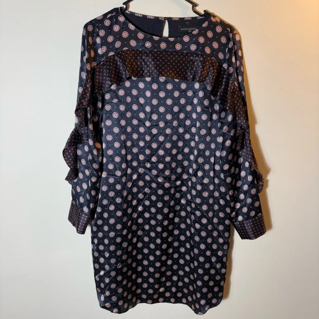 Banana Republic SILK‎ Foulard Ruffle Blue Dress Long Sleeve Gold Stud Buttons 4 - Image 3