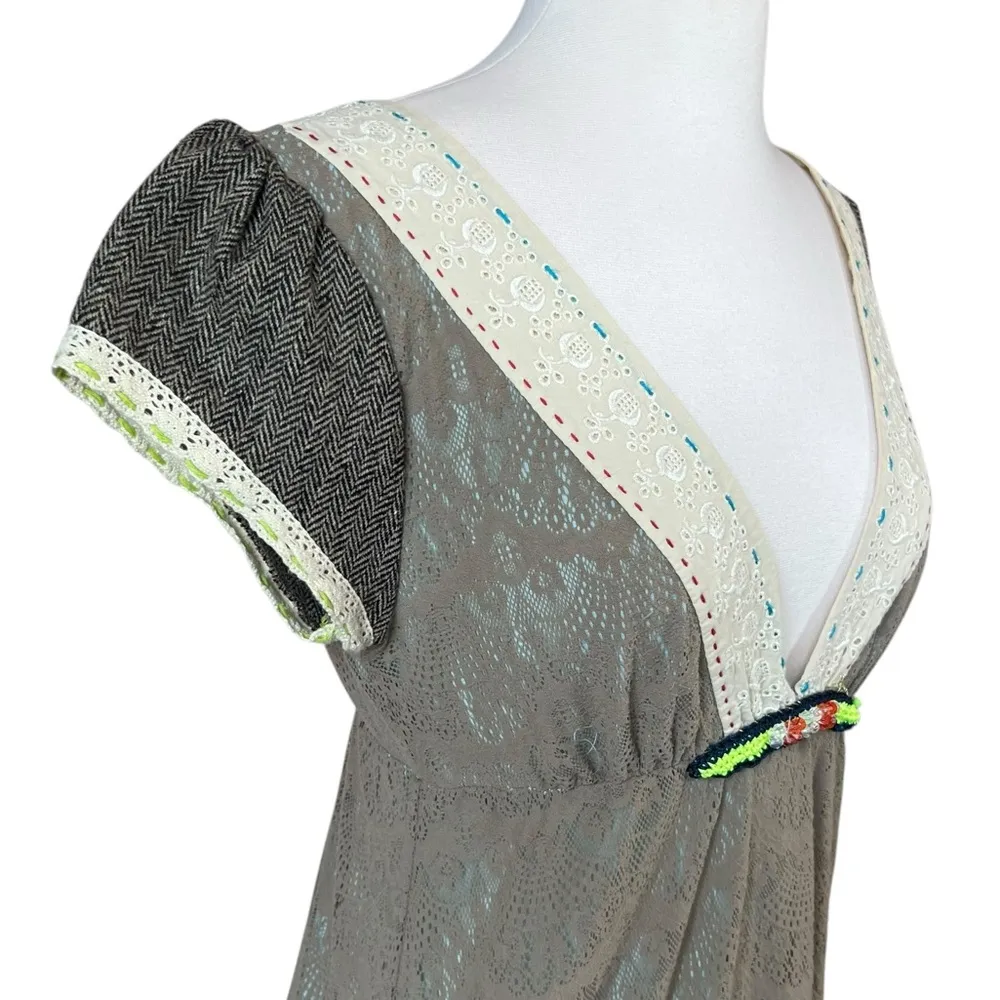 Free People Vintage Brown Lace Deep V Neckline Mini Dress - Image 5