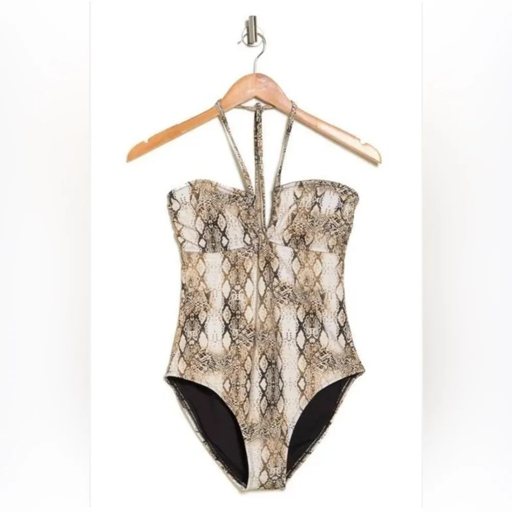 RACHEL Rachel Roy Women's Standard Ruched Halter Top Bathing Suit NWT Size Large Tan - Image 2