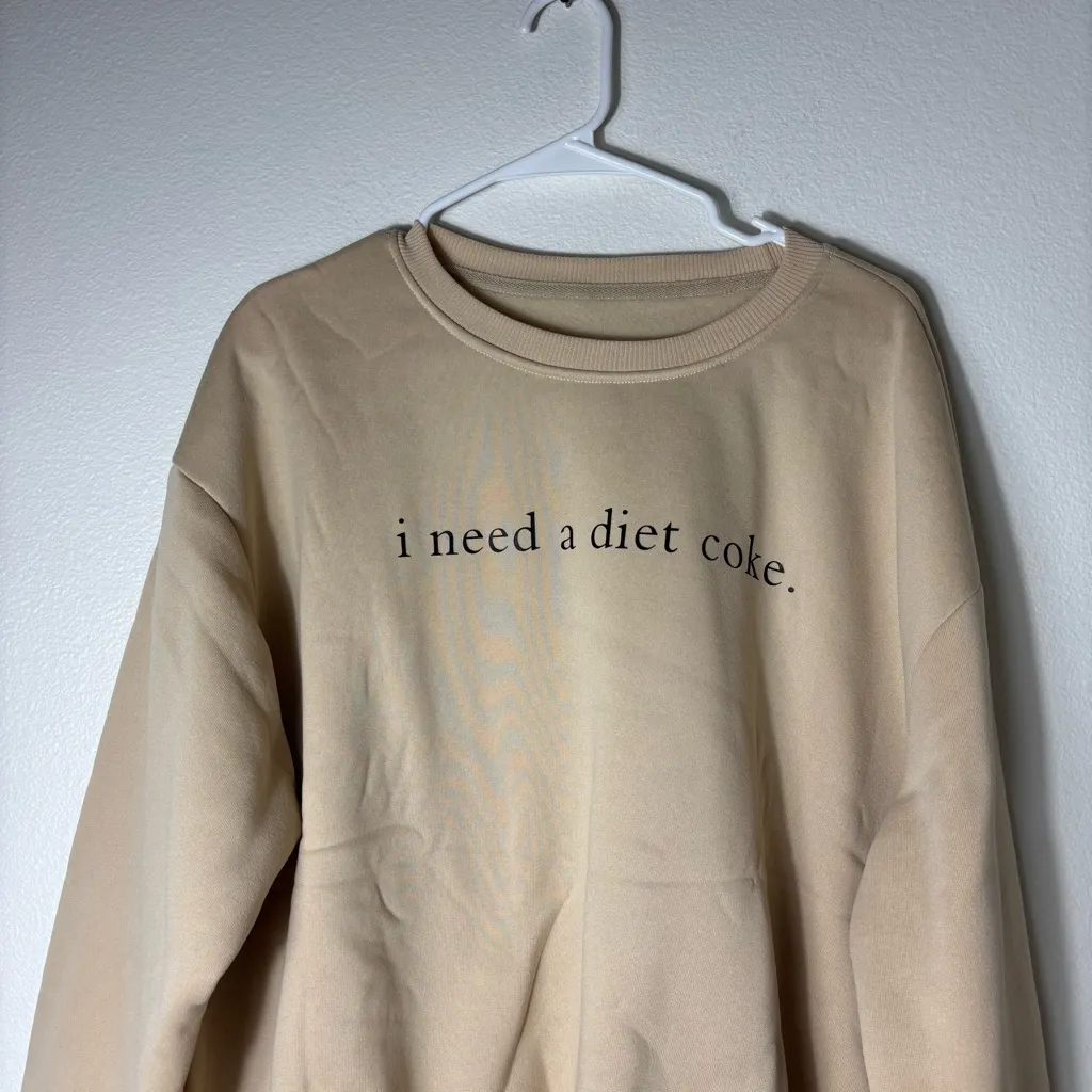SHEIN Tan Graphic “I need a Diet Coke” Crewneck Sweater size 1XL - Image 2