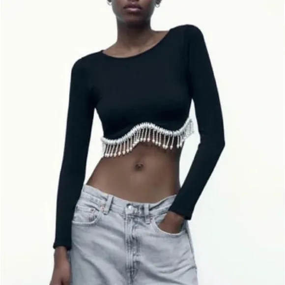 Zara Jewel Detail Crop Top in black with a rhinestone fringe appliqué NWT - Image 5