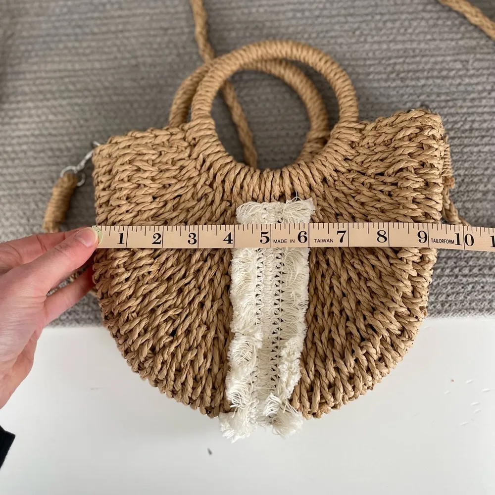 Vintage French Boho Fringe Straw Vacation Purse Handbag Tan - Image 7