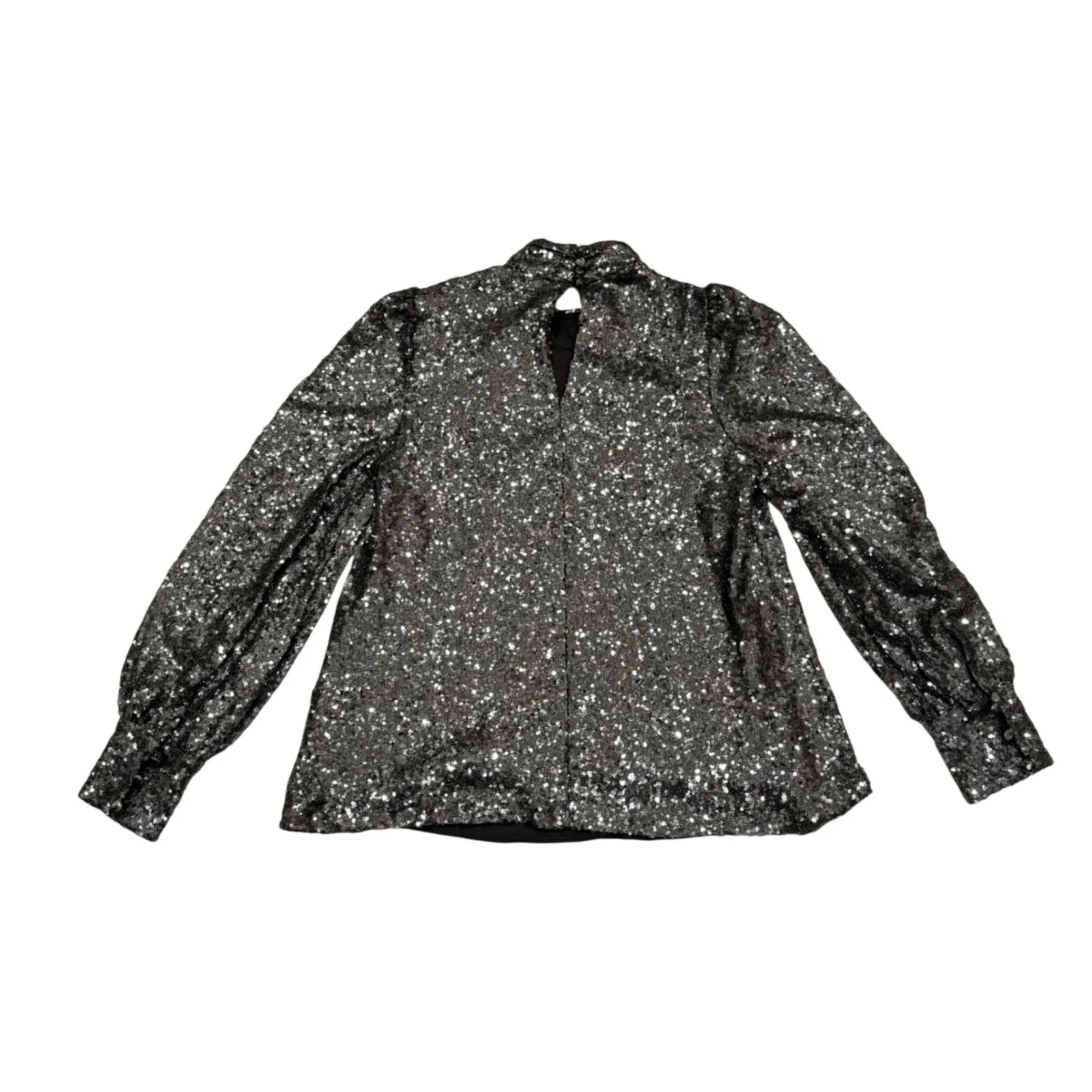 Sunday in Brooklyn Silver Sequin Holiday NYE Mock Neck Puffed Sleeve Blouse Xs - Image 10