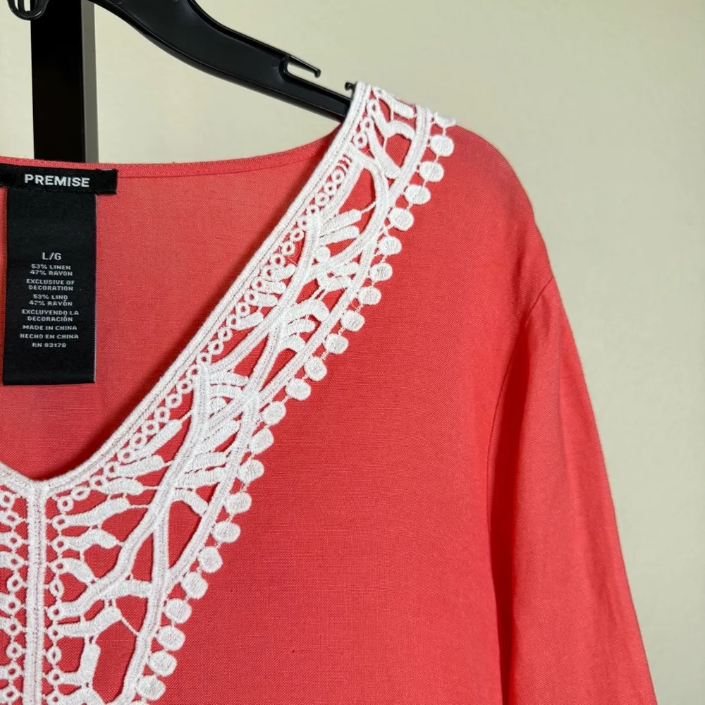 Coral Linen Tunic Boho Crochet Relaxed Fit Coastal Embroidered Vacation Flowy - Image 6