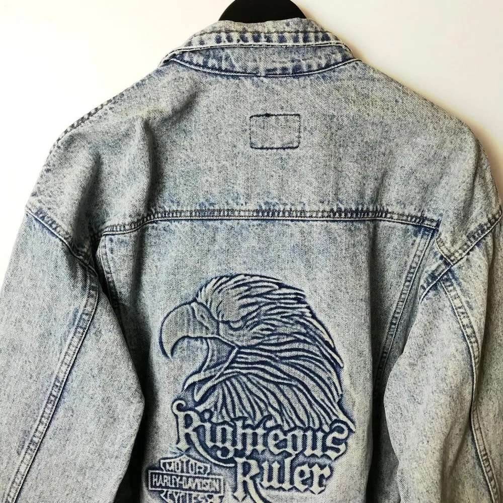 90s Vintage Harley Davidson Motorcycles Womens 2XL XXL Blue Denim Jacket Eagle - Image 6