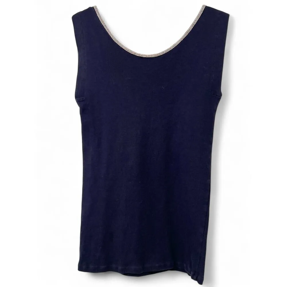 brunello cucinelli L 12-14 Top Blouse Beaded Scoop Neck Sleeveless Tank Black - Image 3