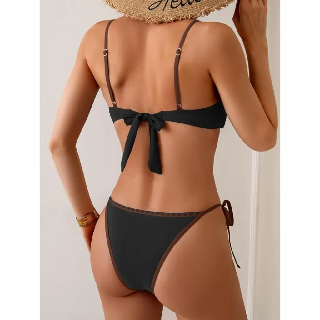 B2prity Bikini String Triangle Two Piece Bathing Suit Side Tie Swimsuit MEDIUM Brown - Image 2