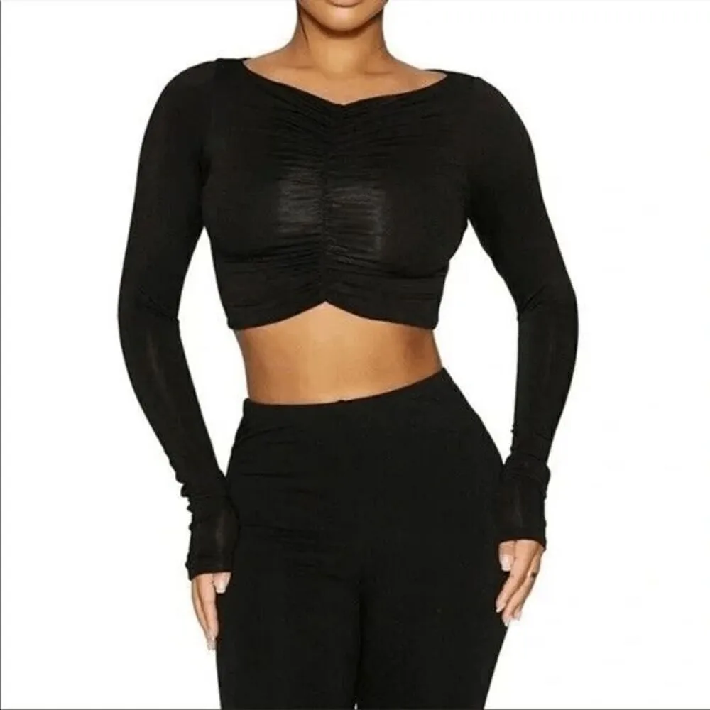 Naked Wardrobe Black Long Sleeve Stretchy Ruched Crop Top XS - Image 5