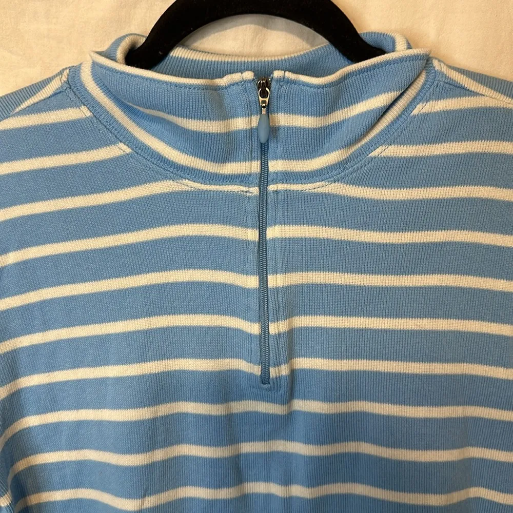 LL BEAN Womens Blue White Stripe 1/4 Zip Mock Neck Long Sleeve Shirt Sz. Large - Image 3