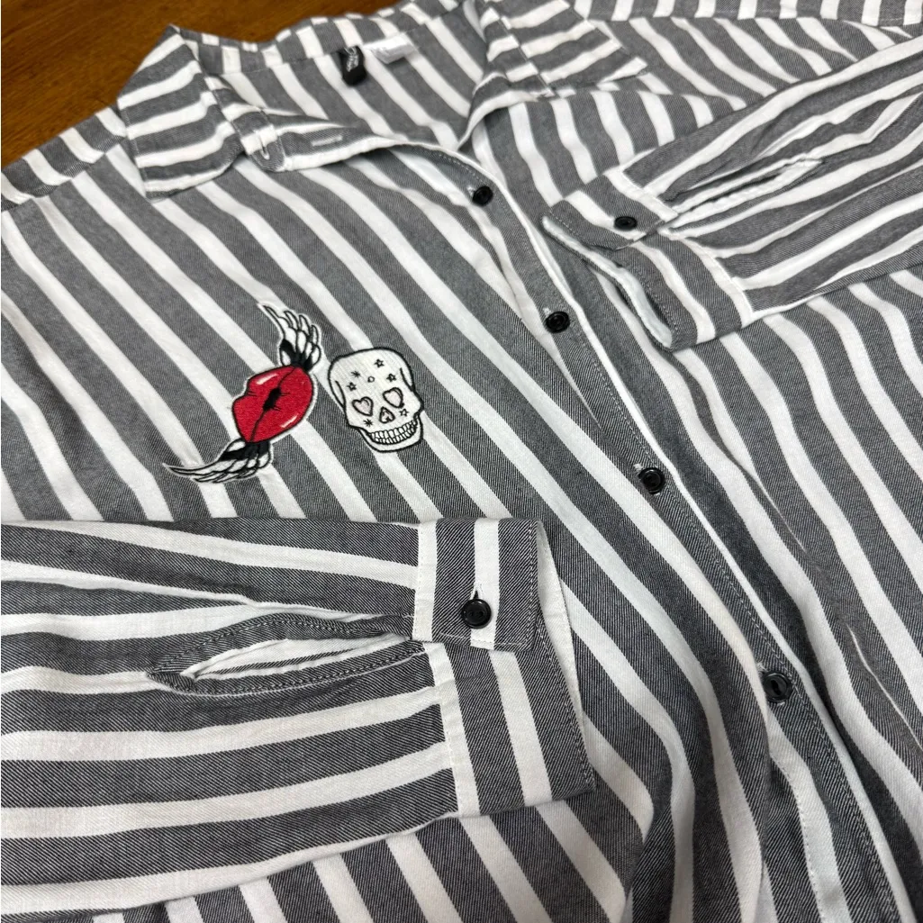 H&M Divided Striped Button-Up Shirt Skull Rose Embroidered Oversized 6, Fall Top - Image 11