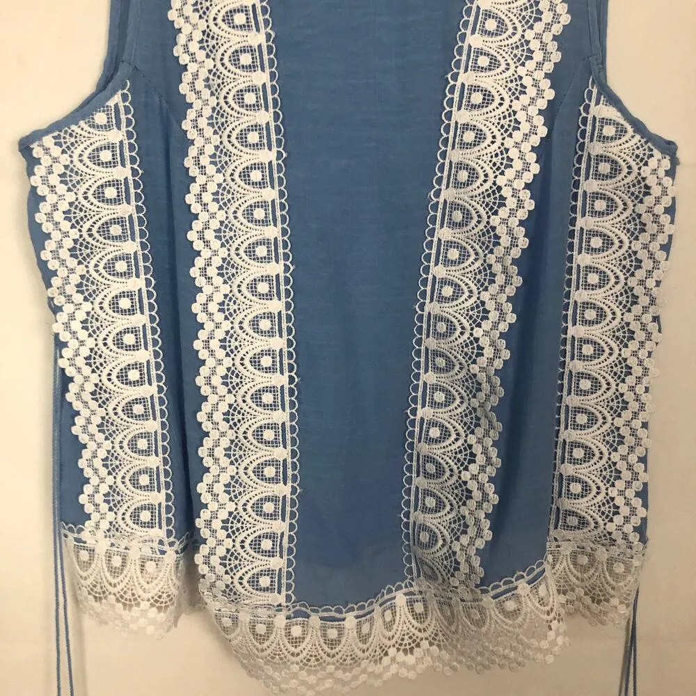 Zac & Rachel Womens Top Large Lace Tasseled Western Cottagecore Boho Country Blue - Image 4