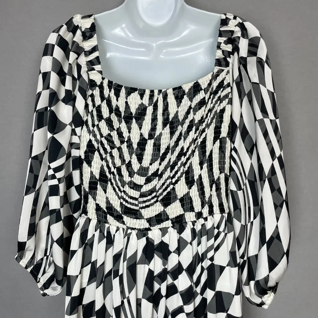 Oddy Dress‎ Geometric Pattern Black White Gray Women Shirred Smocked Bodice Midi Size M - Image 7