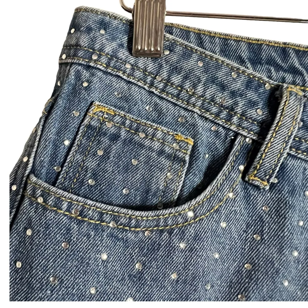 Superdown Kierra Rhinestone High Waist Raw Hem Denim Blue Jean Shorts Size M - Image 6