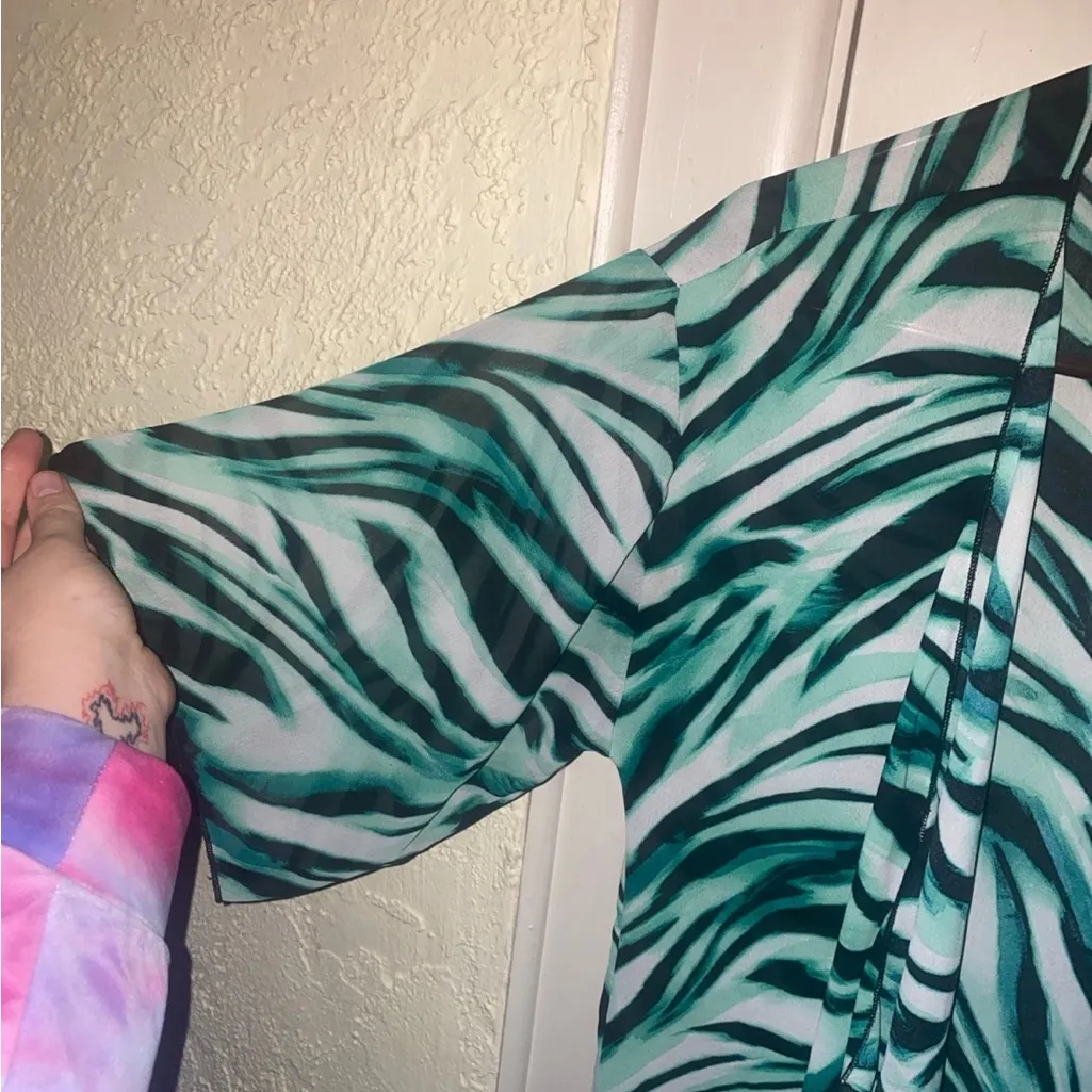 Lularoe Teal & Black Zebra Print Sheer Cardigan With Fringe - Image 5