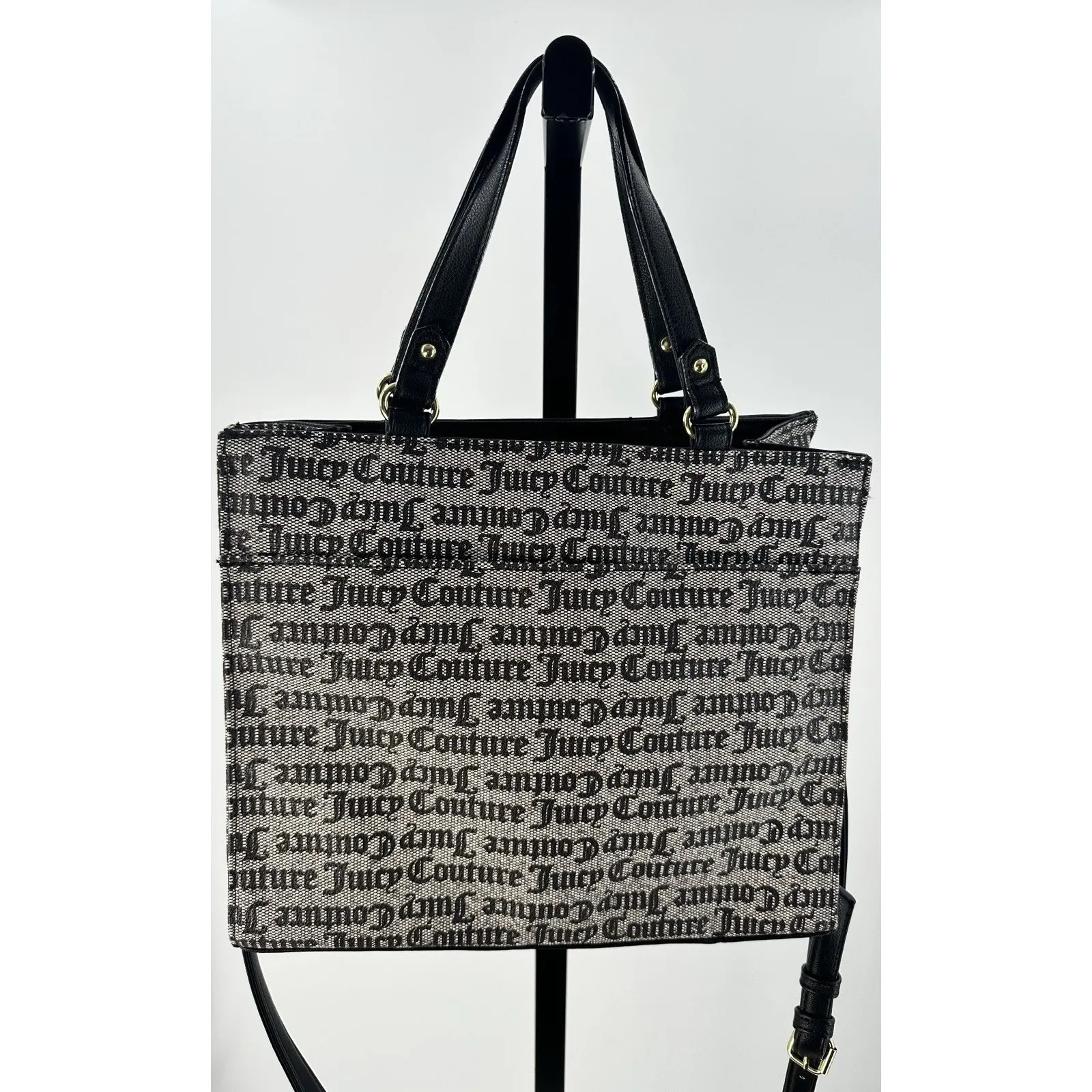 Juicy Couture Black Monogram Tote Shoulder Bag Gold Heart Lock Key Charm Purse - Image 6