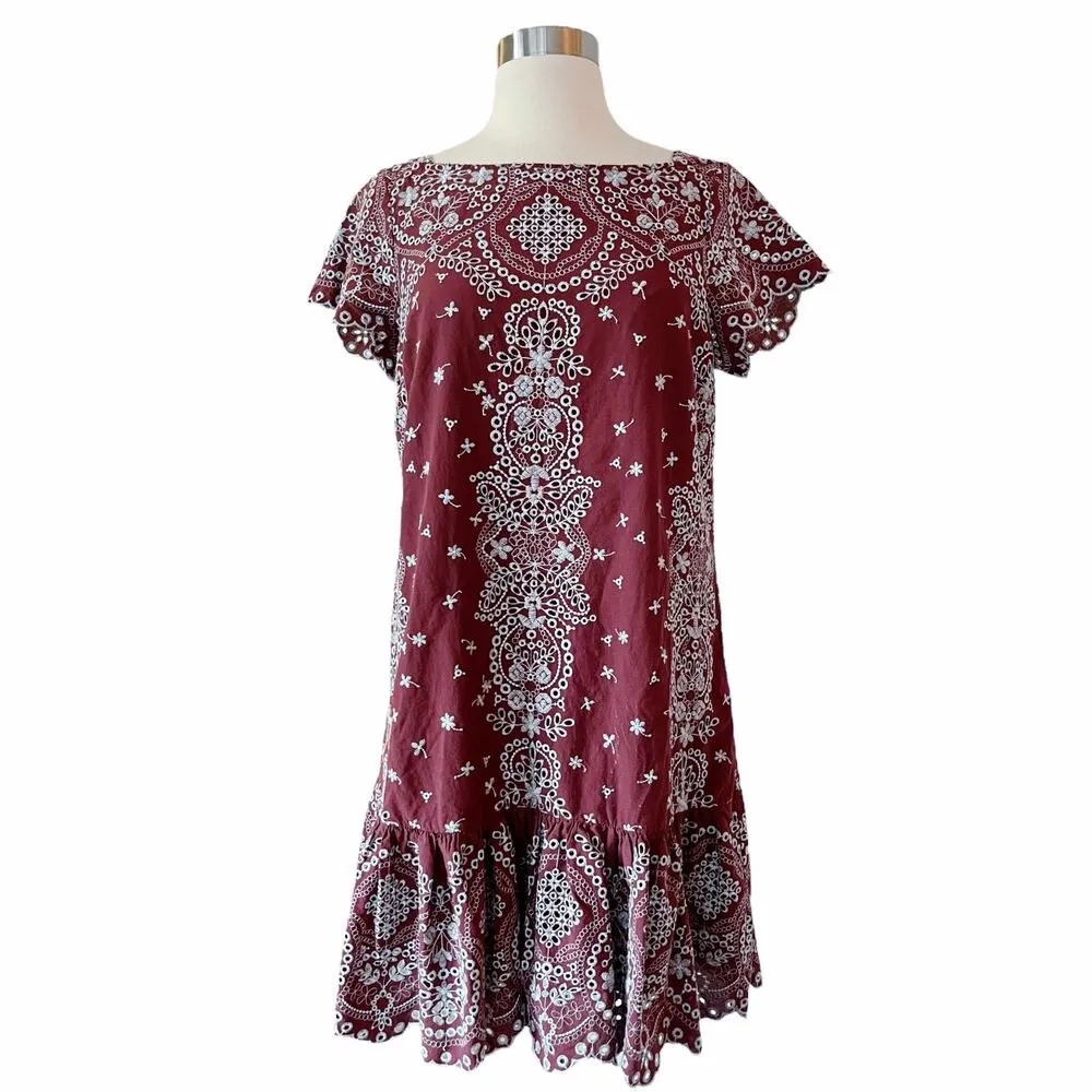 ANTHROPOLOGIE FEATHER BONE Ynez Maroon Dress Flounced Embroidered Eyelet Blue - Image 3