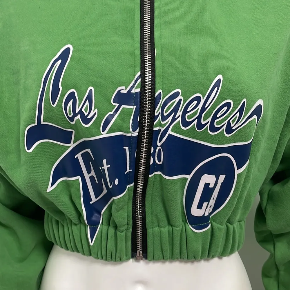 Green LA Los Angeles Pullover Zip Cropped Hoodie Jacket Adika Medium - Image 5
