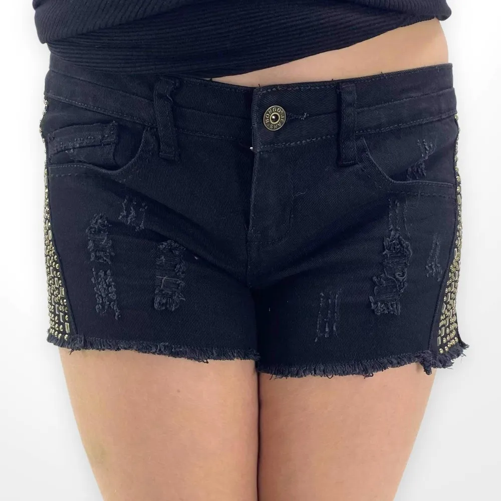 BONGO Black Low Rise Distressed Jeweled Raw Hem Cut Off Shorts - Image 10