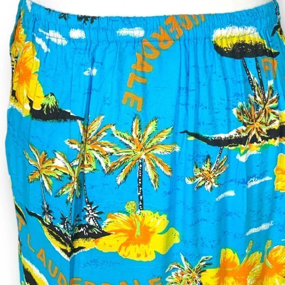 Vintage Island Planet Wrap Skirt Column Blue Yellow Tropical Palm Floral Detail Size M - Image 5
