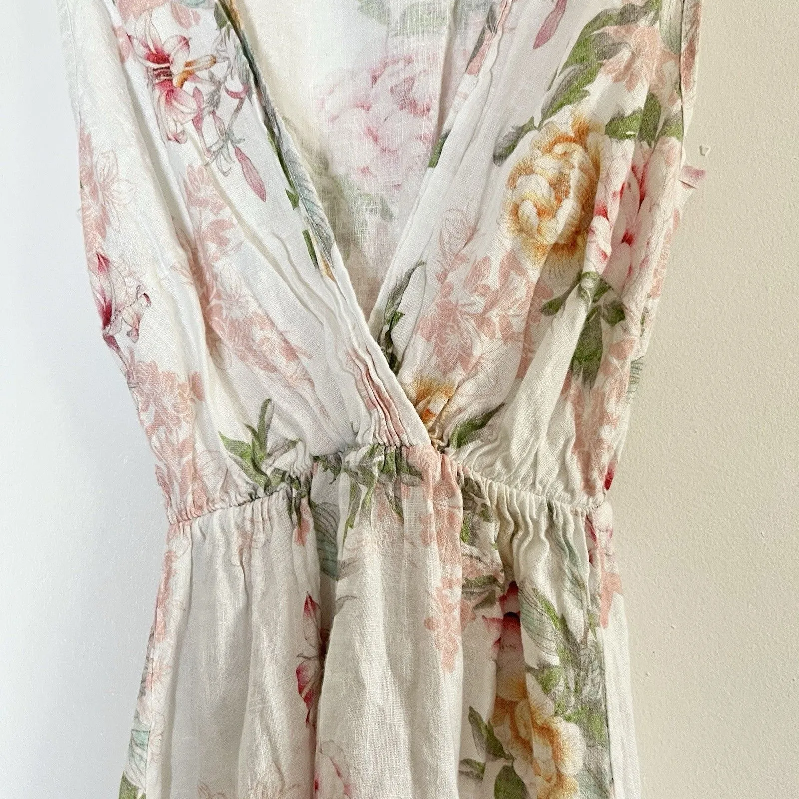 La Ragazze Linen Dress Women M Floral Maxi V Neck Boho Made In ITALY White Pink Size M - Image 11