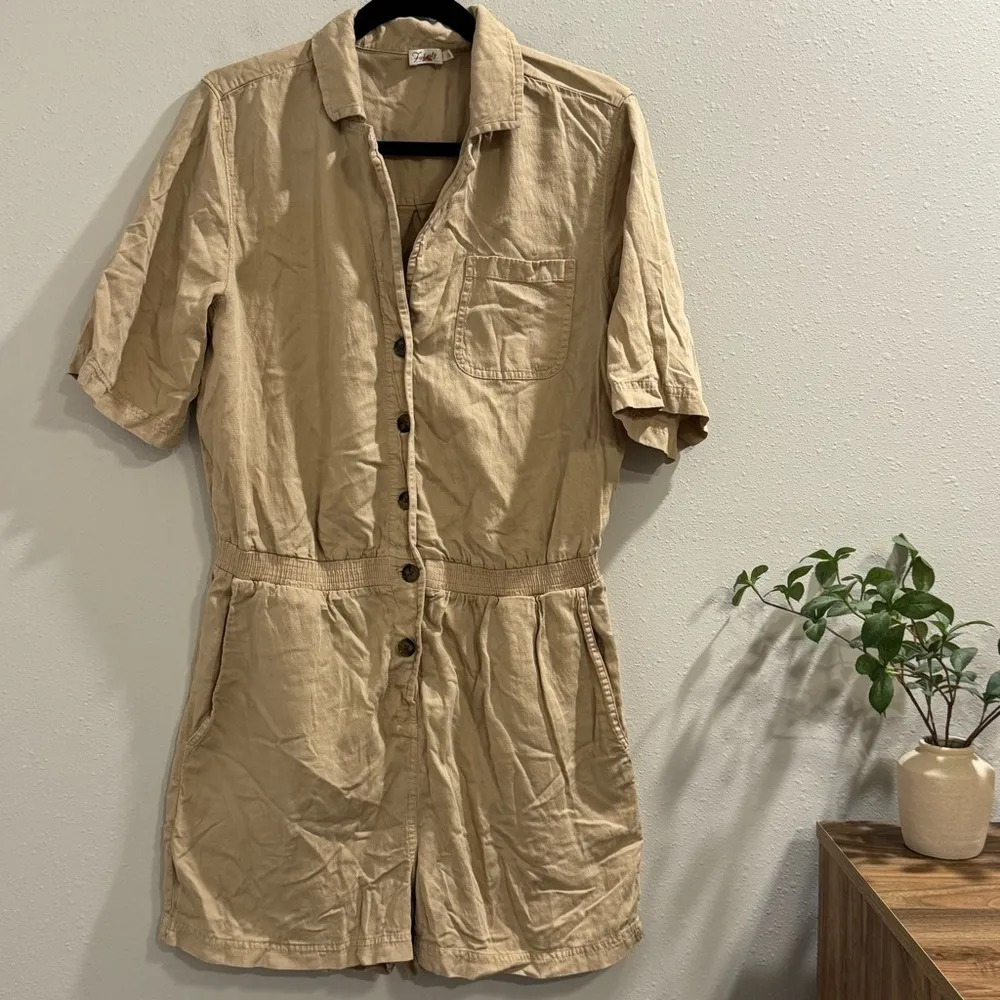 Faherty Size Large Tan Arlie Romper Button Up Collared Linen Blend Casual Comfy - Image 2