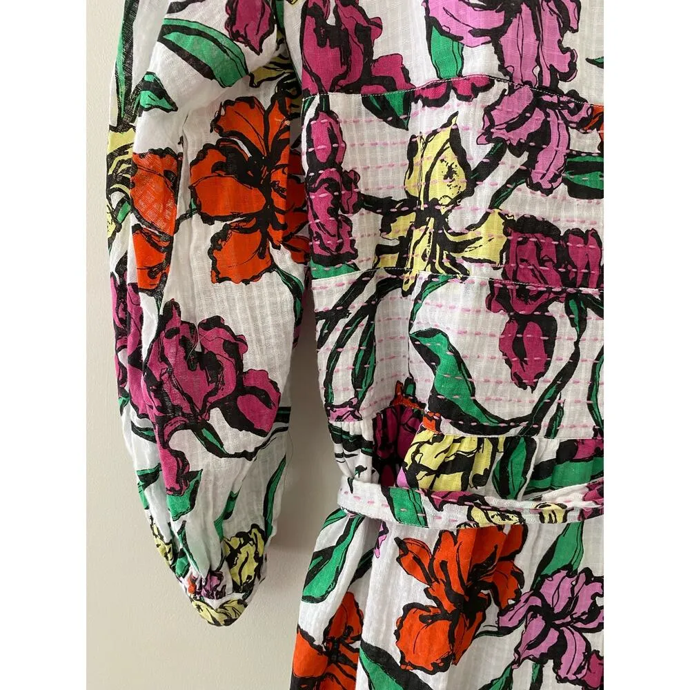 Roller Rabbit Jorales Bibiana Wrap Dress White Pink Floral Large EUC Long Sleeve - Image 7