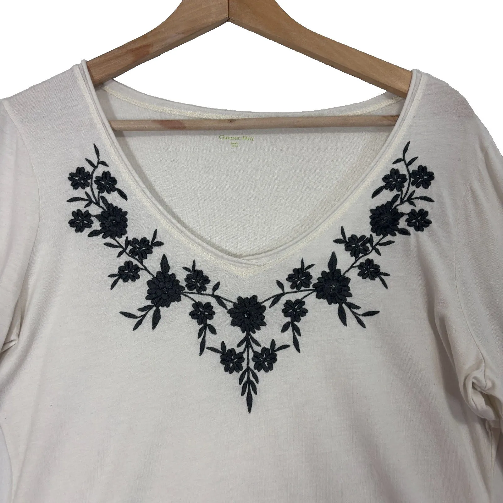 Garnet Hill Ivory Floral Embroidered 3/4 Sleeve Top Sz L Boho Feminine Casual - Image 2