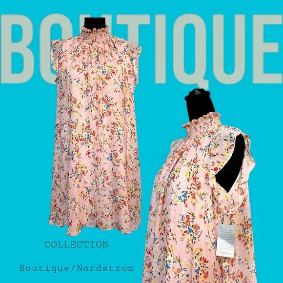 MELLODAY Nordstrom Pink Floral BABYDOLL Dress lined chiffon NWT xs pockets - Image 2