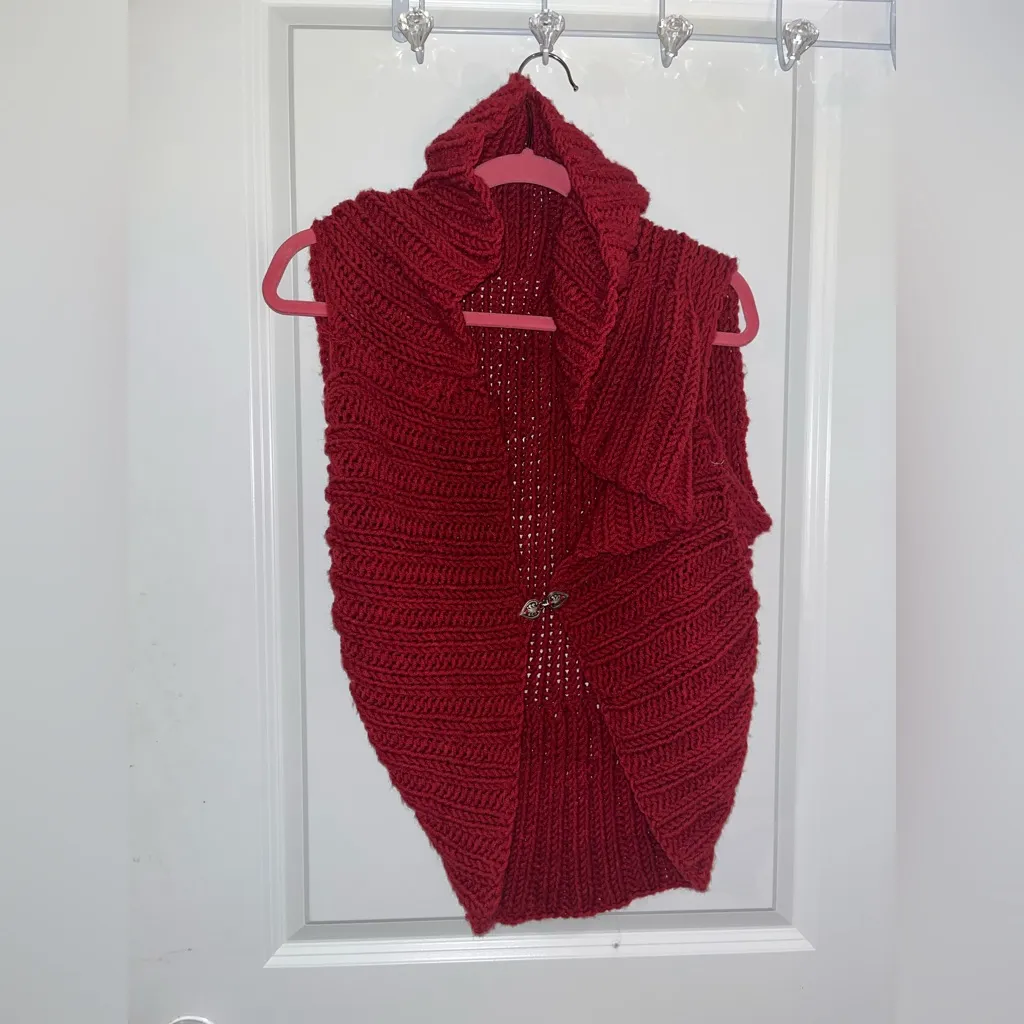 Chunky Knit Red Shawl Collar Cardigan Handmade Look Cozy Sleeveless Sweater Vest - Image 4