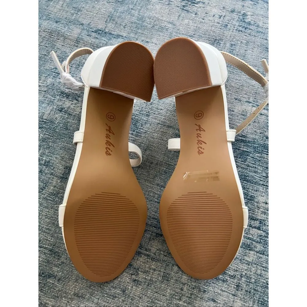 NIB! Ankis White Open Toe Strap Chunky Block High Heel Sandal Size 9 - Image 6