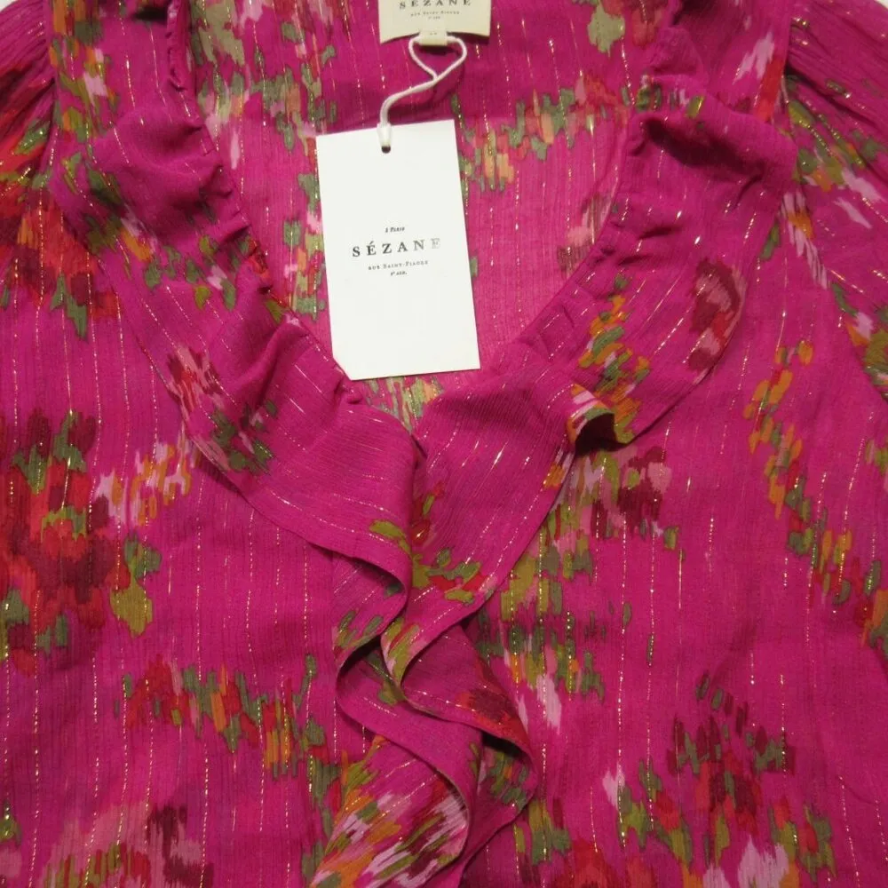 NWT Sezane Jasmine Blouse in Helena Fuchsia Pink Floral Sheer Chiffon Top 34 / 2 - Image 6