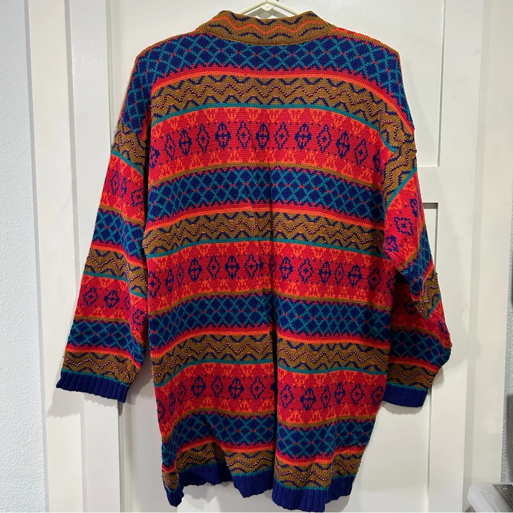 Vintage Unique Paul Harris Beaded Tunic Sweater Ramie Cotton Geometric Large Red - Image 2