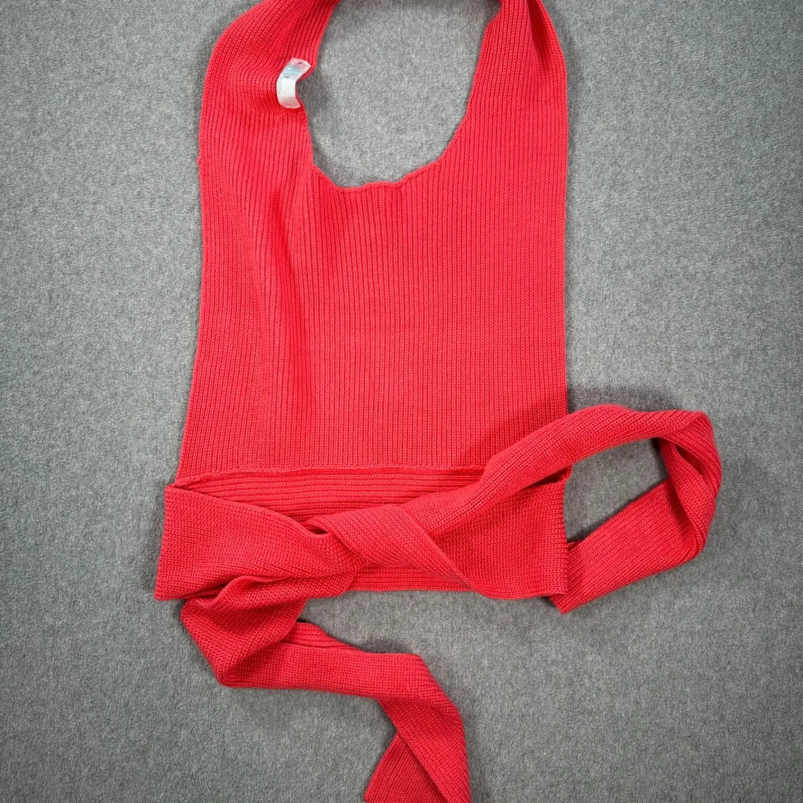 Free People Beach Open Back Knit Halter Top Women's Medium Coral Pink Tie Bow - Image 8